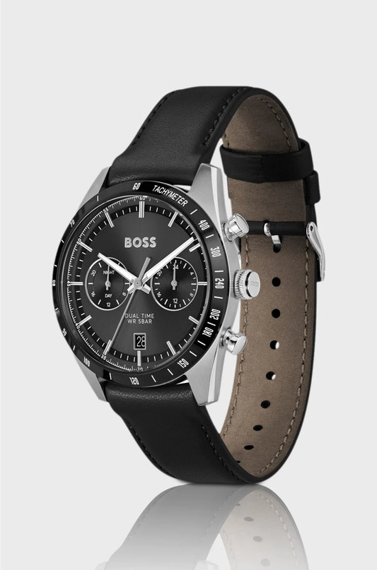 TOURMASTER BLACK-DIAL WATCH WITH BLACK LEATHER STRAP