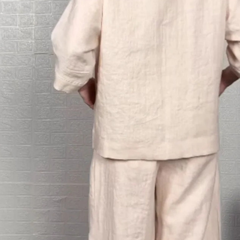 Irregular Hem Cotton Linen Short Sleeve Casual 2-Piece Set